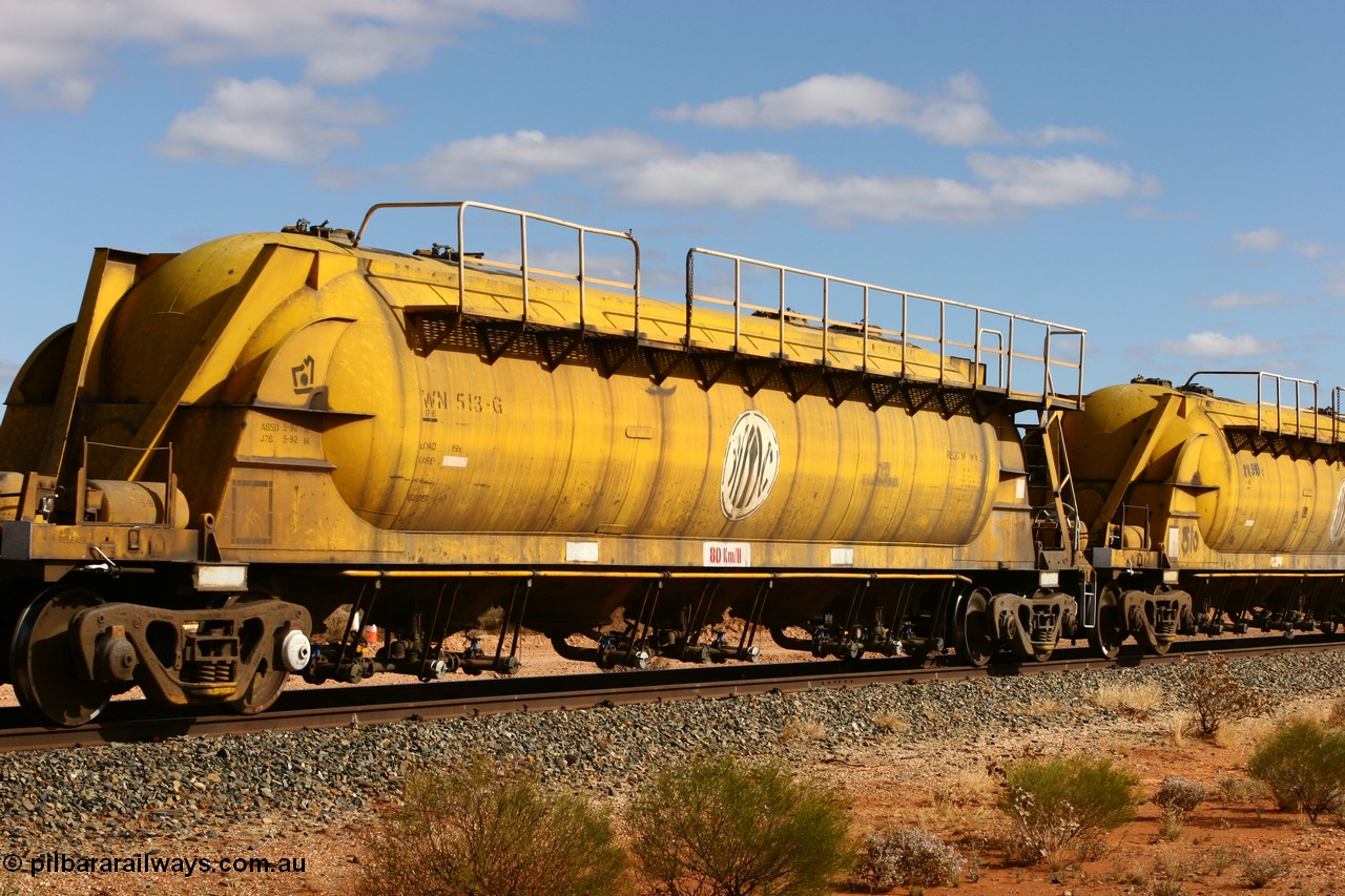 060527 4074
Leonora, WN 513, pneumatic discharge nickel concentrate waggon, one of thirty built by AE Goodwin NSW as WN type in 1970 for WMC.
Keywords: WN-type;WN513;AE-Goodwin;
