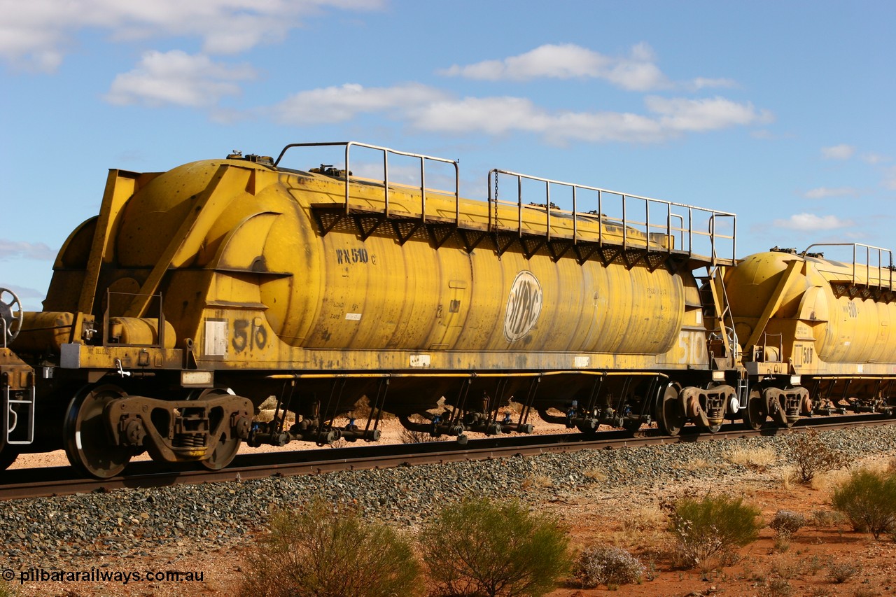 060527 4075
Leonora, WN 510, pneumatic discharge nickel concentrate waggon, one of thirty built by AE Goodwin NSW as WN type in 1970 for WMC.
Keywords: WN-type;WN510;AE-Goodwin;