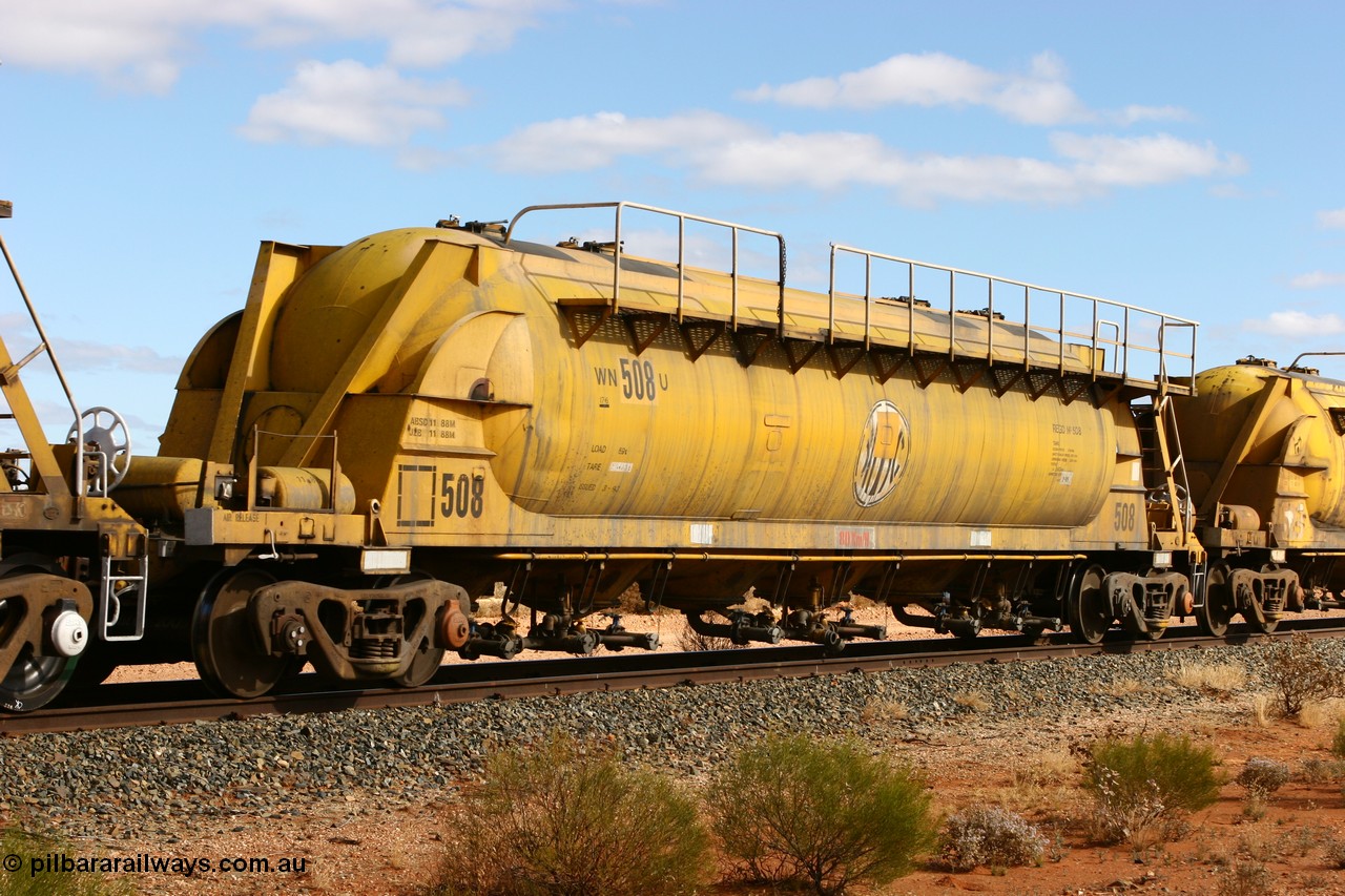 060527 4076
Leonora, WN 508, pneumatic discharge nickel concentrate waggon, one of thirty built by AE Goodwin NSW as WN type in 1970 for WMC.
Keywords: WN-type;WN508;AE-Goodwin;