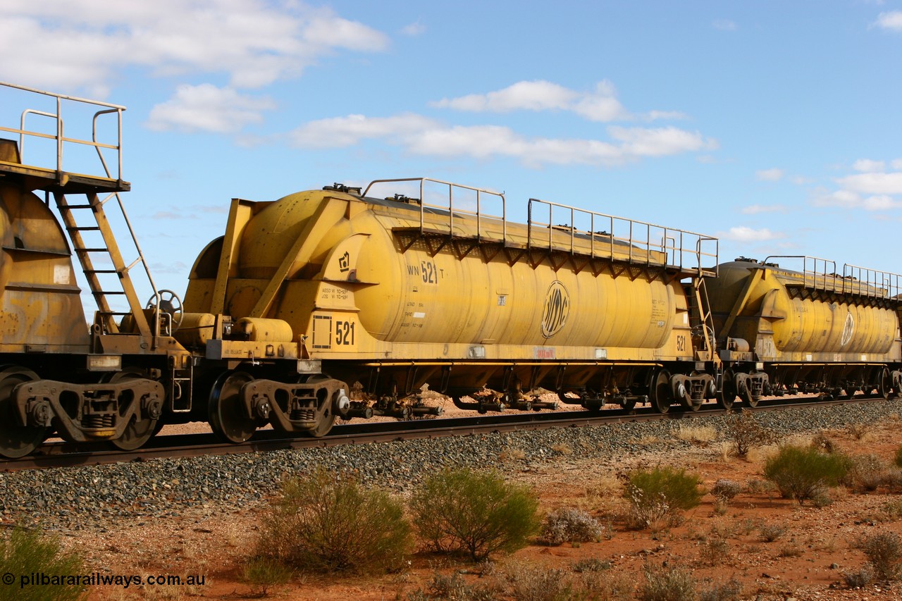 060527 4078
Leonora, WN 521, pneumatic discharge nickel concentrate waggon, one of thirty built by AE Goodwin NSW as WN type in 1970 for WMC.
Keywords: WN-type;WN521;AE-Goodwin;