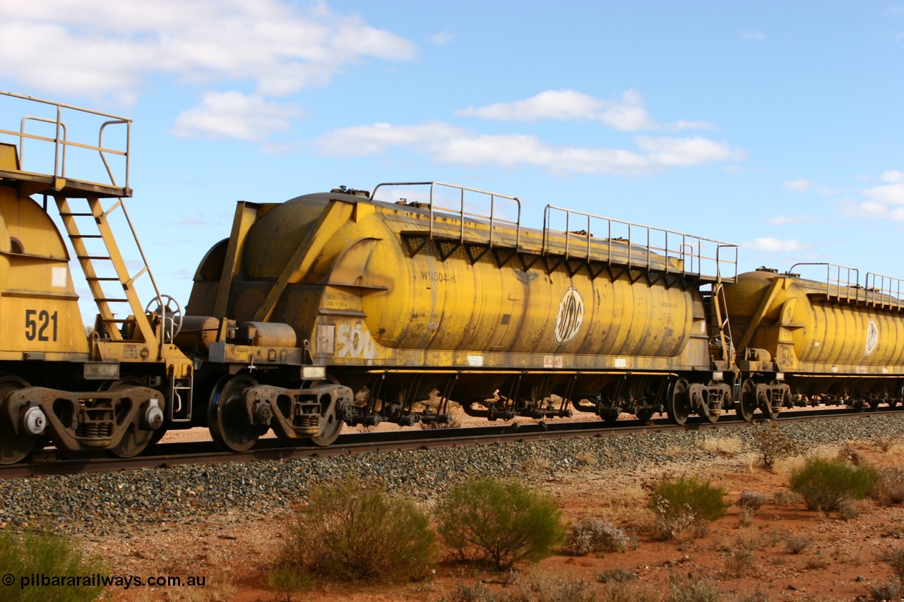 060527 4079
Leonora, WN 504, pneumatic discharge nickel concentrate waggon, one of thirty built by AE Goodwin NSW as WN type in 1970 for WMC.
Keywords: WN-type;WN504;AE-Goodwin;