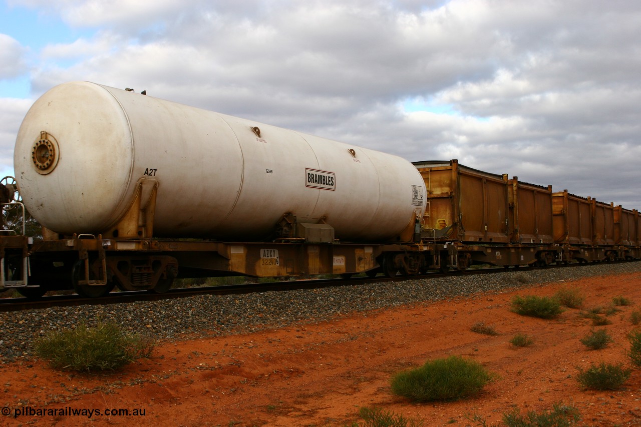 060527 4101
Scotia, AZKY type anhydrous ammonia tank waggon AZKY 32240, one of twelve built by Goninan WA in 1998 as type WQK for Murrin Murrin traffic, fitted with Brambles anhydrous ammonia tank A2T.
Keywords: AZKY-type;AZKY32240;Goninan-WA;WQK-type;
