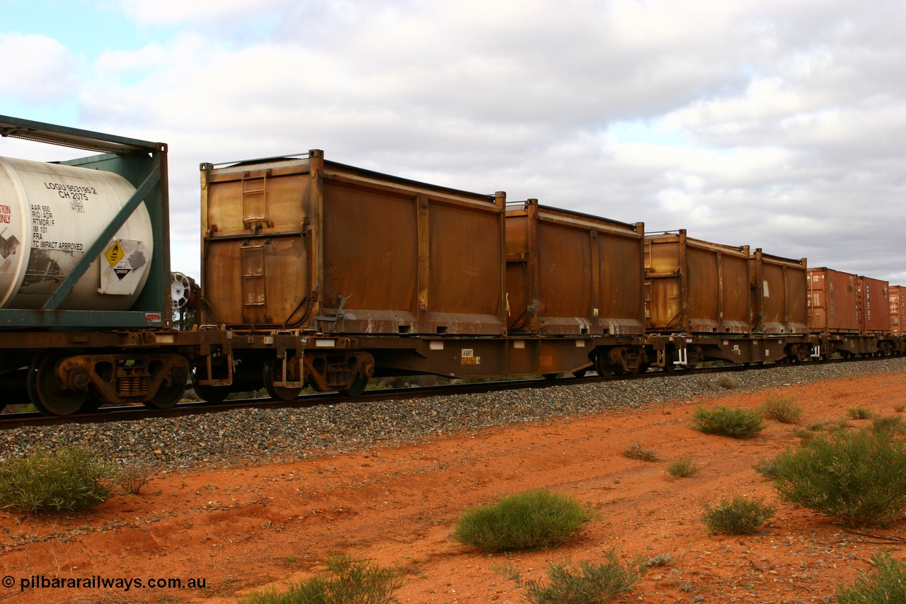 060527 4112
Scotia, AQNY 32167, one of sixty two waggons built by Goninan WA in 1998 as WQN type for Murrin Murrin container traffic, with sulphur skips S25L and S156F with original doors and modified tops with tarpaulins, train 6029 loaded Malcolm freighter.
Keywords: AQNY-type;AQNY32167;Goninan-WA;WQN-type;