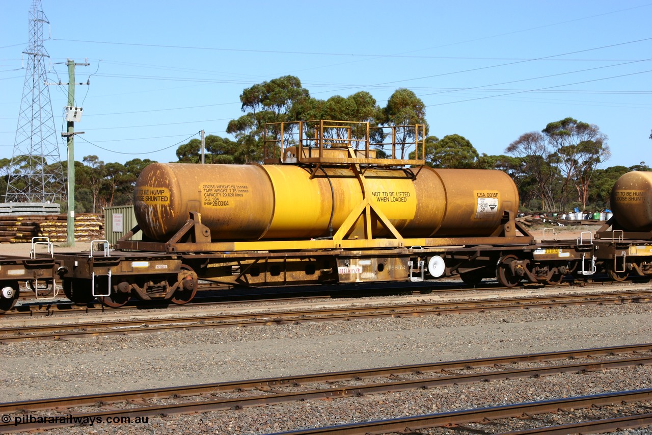 060528 4413
West Kalgoorlie, AQHY 30004 with sulphuric acid tank CSA 0015, originally built by the WAGR Midland Workshops in 1964/66 as a WF type flat waggon, then in 1997, following several recodes and modifications, was the lowest of seventy five waggons converted to the WQH type to carry CSA sulphuric acid tanks between Hampton/Kalgoorlie and Perth/Kwinana.
Keywords: AQHY-type;AQHY30004;WAGR-Midland-WS;WF-type;WFDY-type;WFDF-type;RFDF-type;WQH-type;