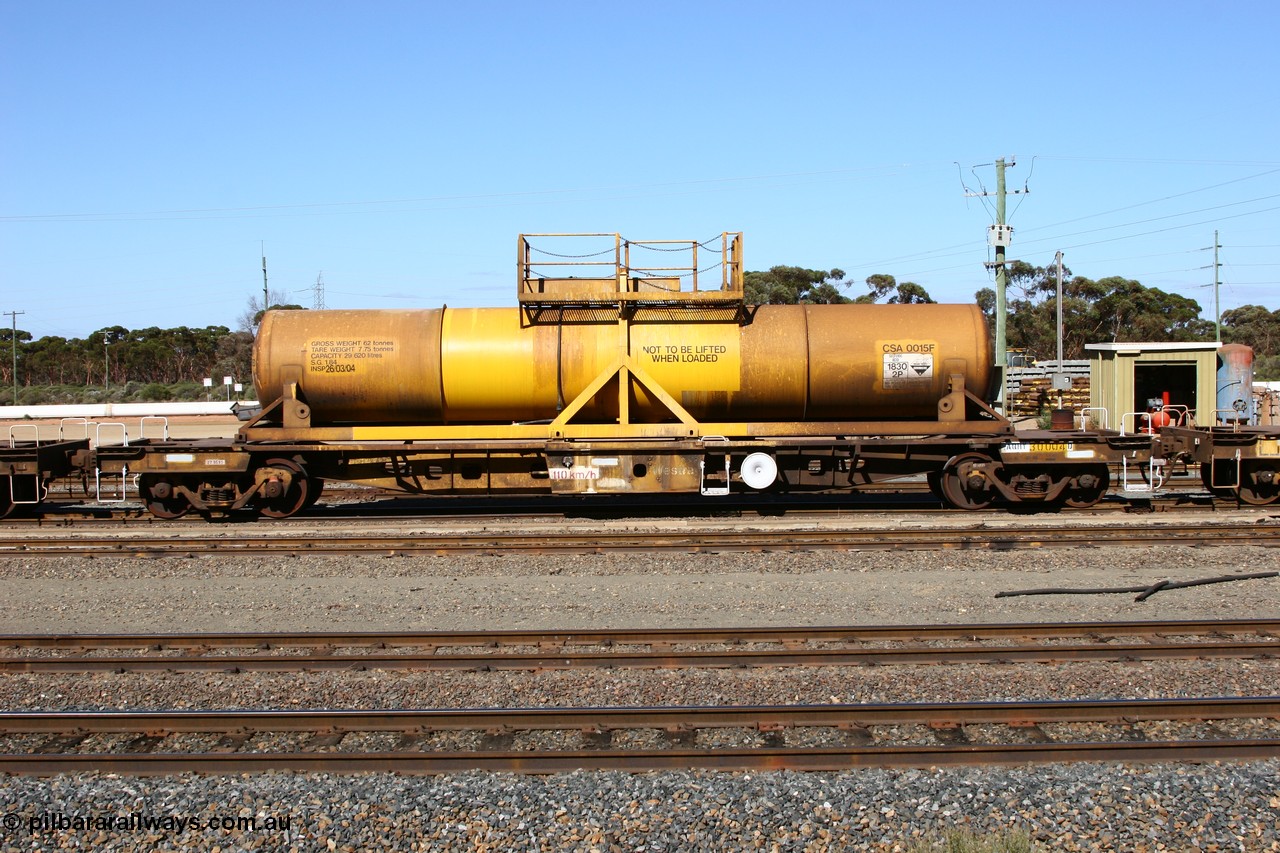 060528 4415
West Kalgoorlie, AQHY 30004 with sulphuric acid tank CSA 0015, originally built by the WAGR Midland Workshops in 1964/66 as a WF type flat waggon, then in 1997, following several recodes and modifications, was one of seventy five waggons converted to the WQH type to carry CSA sulphuric acid tanks between Hampton/Kalgoorlie and Perth/Kwinana.
Keywords: AQHY-type;AQHY30020;WAGR-Midland-WS;WF-type;WFDY-type;WFDF-type;WQH-type;