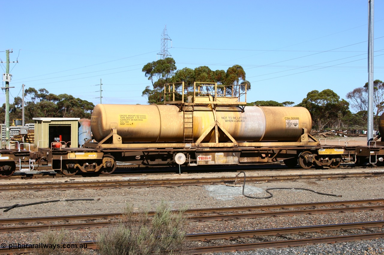 060528 4417
West Kalgoorlie, AQHY 30097 with sulphuric acid tank CSA 0008, originally built by the WAGR Midland Workshops in 1964/66 as a WF type flat waggon, then in 1997, following several recodes and modifications, was one of seventy five waggons converted to the WQH type to carry CSA sulphuric acid tanks between Hampton/Kalgoorlie and Perth/Kwinana.
Keywords: AQHY-type;AQHY30097;WAGR-Midland-WS;WF-type;WFP-type;WFDY-type;WFDF-type;RFDF-type;WQH-type;