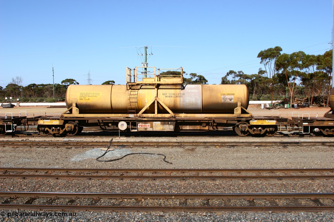 060528 4418
West Kalgoorlie, AQHY 30097 with sulphuric acid tank CSA 0008, originally built by the WAGR Midland Workshops in 1964/66 as a WF type flat waggon, then in 1997, following several recodes and modifications, was one of seventy five waggons converted to the WQH type to carry CSA sulphuric acid tanks between Hampton/Kalgoorlie and Perth/Kwinana.
Keywords: AQHY-type;AQHY30097;WAGR-Midland-WS;WF-type;WFP-type;WFDY-type;WFDF-type;RFDF-type;WQH-type;