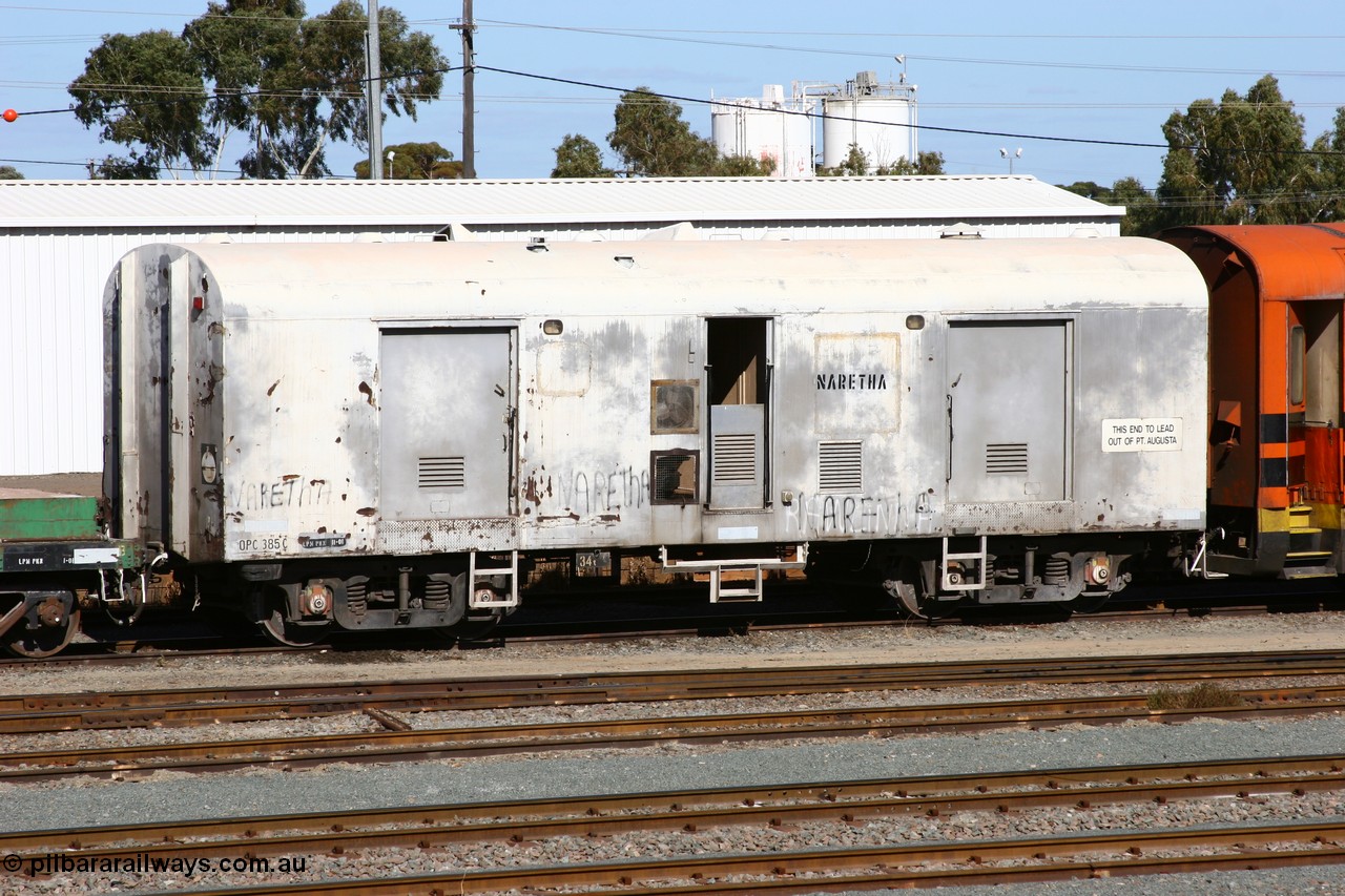 060528 4441
West Kalgoorlie, OPC 385, originally built by South Australian Railways Islington Workshops in 1968 as an 8300 class brake van numbered 8372 on broad gauge, to standard gauge and recoded in Sept 1982 to AVAY 385, converted to AZXP accident van in c1986 and then in April 1993 recoded to OPC.
Keywords: OPC-type;OPC385;SAR-Islington-WS;8300-type;8372;AVAY-type;AZXP-type