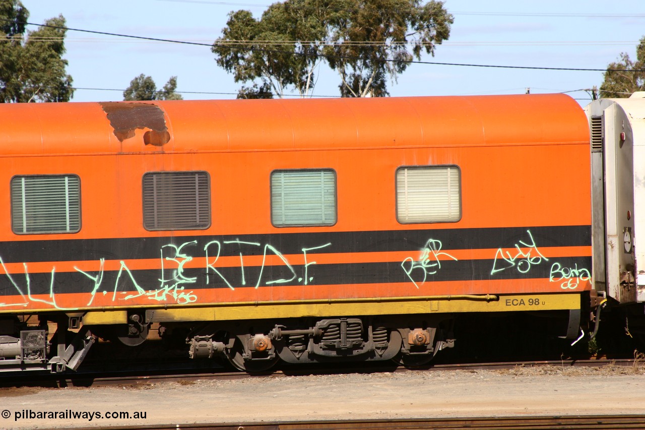 060528 4446
West Kalgoorlie, ECA 98 a former Commonwealth Railways ARF type first class air conditioned sleeper with rounded observation end built by Wegmann and delivered in 1956, converted to BB type with observation end removed in August 1972, converted to crew car in 1991.
Keywords: ECA-type;ECA98;Wegmann-Kessel;ARF-type;BB-type;