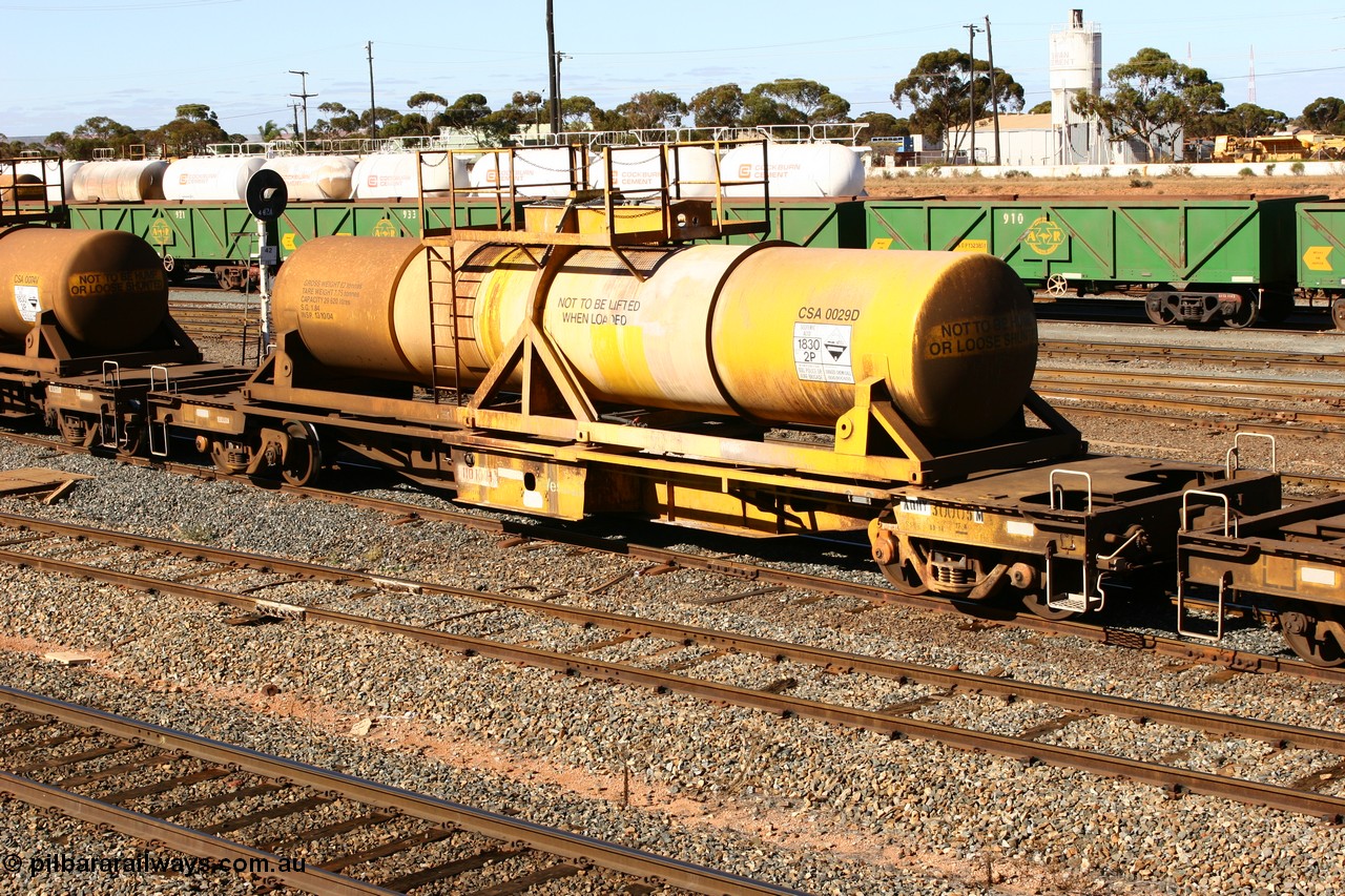 060528 4467
West Kalgoorlie, AQHY 30005 with sulphuric acid tank CSA 0029, originally built by the WAGR Midland Workshops in 1964/66 as a WF type flat waggon, then in 1997, following several recodes and modifications, was one of seventy five waggons converted to the WQH type to carry CSA sulphuric acid tanks between Hampton/Kalgoorlie and Perth/Kwinana.
Keywords: AQHY-type;AQHY30005;WAGR-Midland-WS;WF-type;WFDY-type;WFDF-type;RFDF-type;WQH-type;