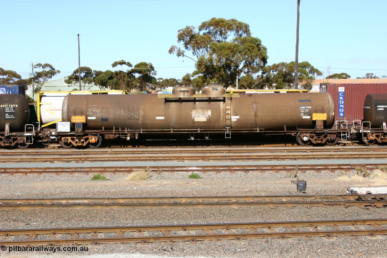 060528 4508 ATDY502W
West Kalgoorlie, ATDY 502 fuel tanker, originally built by Tulloch Ltd NSW 1969 for Mobil as WJD type, to BP in 1985, 92.87 kL capacity.
Keywords: ATDY-type;ATDY502;Tulloch-Ltd-NSW;WJD-type;