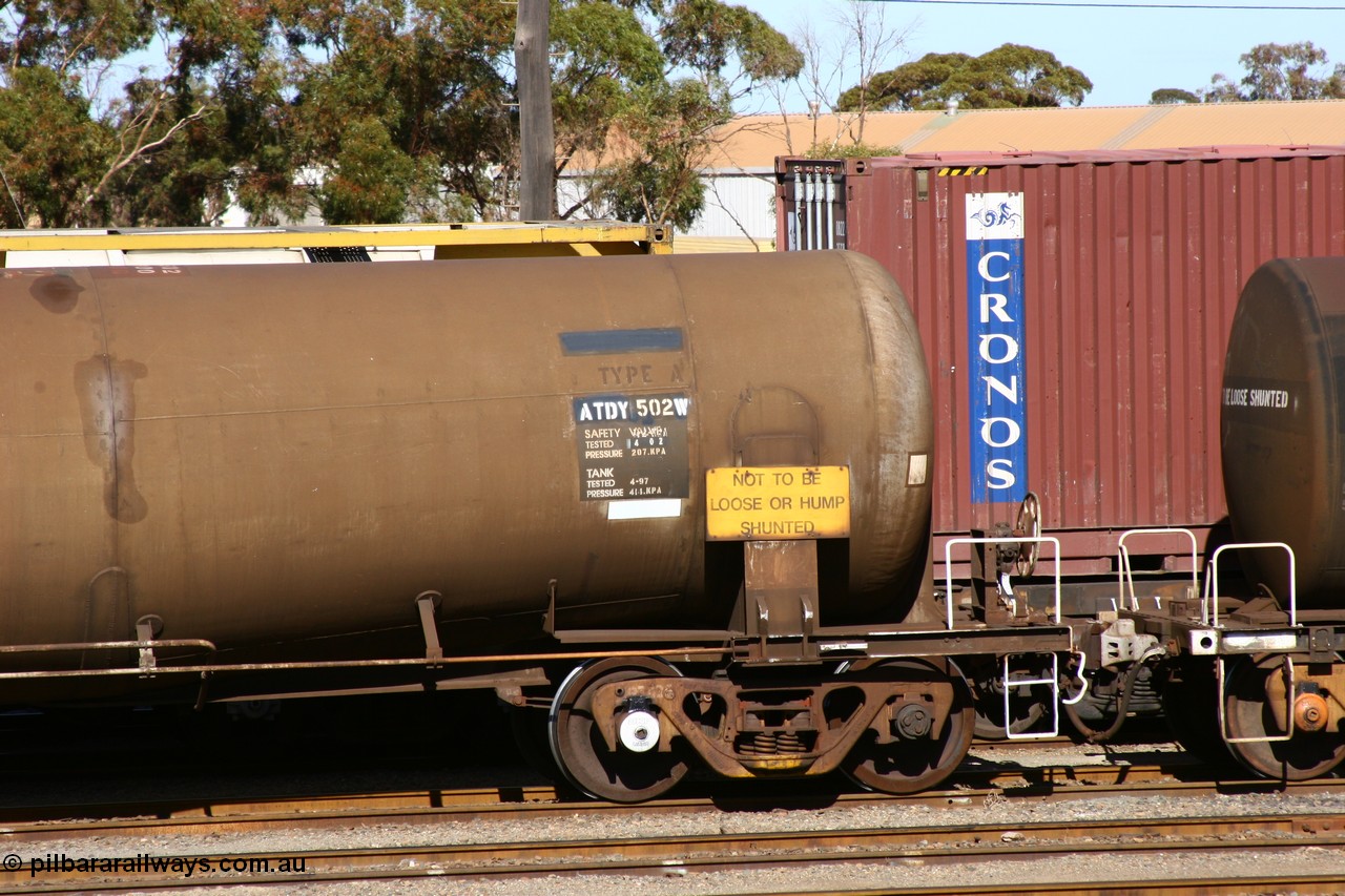 060528 4510 ATDY502W
West Kalgoorlie, ATDY 502 fuel tanker, originally built by Tulloch Ltd NSW 1969 for Mobil as WJD type, to BP in 1985, 92.87 kL capacity, handbrake end.
Keywords: ATDY-type;ATDY502;Tulloch-Ltd-NSW;WJD-type;