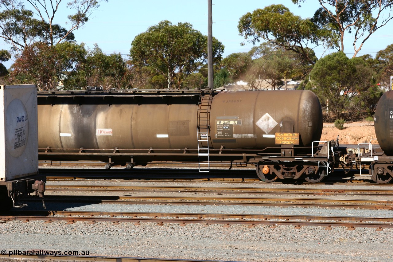 060528 4515 WJPY585N
West Kalgoorlie, WJPY 585 fuel tank waggon built by WAGR Midland Workshops in 1976 with 586 for Mobil and coded WJP type, sold to BP Oil in 1985, 80,000 litres one compartment one dome.
Keywords: WJPY-type;WJPY585;WAGR-Midland-WS;WJP-type;