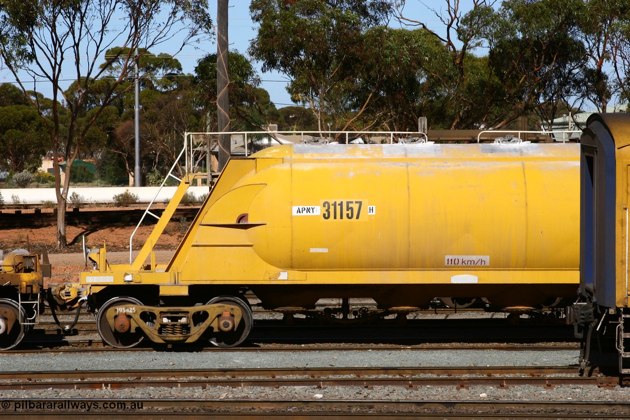 060528 4522
West Kalgoorlie, APNY 31157, one of twelve built by WAGR Midland Workshops in 1974 as WNA type pneumatic discharge nickel concentrate waggon, WAGR built and owned copies of the AE Goodwin built WN waggons for WMC. 
Keywords: APNY-type;APNY31157;WAGR-Midland-WS;WNA-type;
