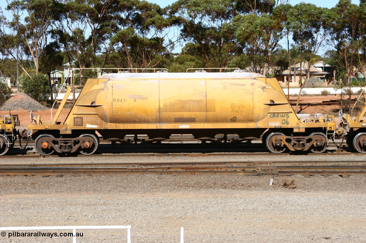 060528 4524
West Kalgoorlie, WNA 31152, one of twelve built by WAGR Midland Workshops in 1974 as WNA type pneumatic discharge nickel concentrate waggon, WAGR built and owned copies of the AE Goodwin built WN waggons for WMC. 
Keywords: WNA-type;WNA31152;WAGR-Midland-WS;
