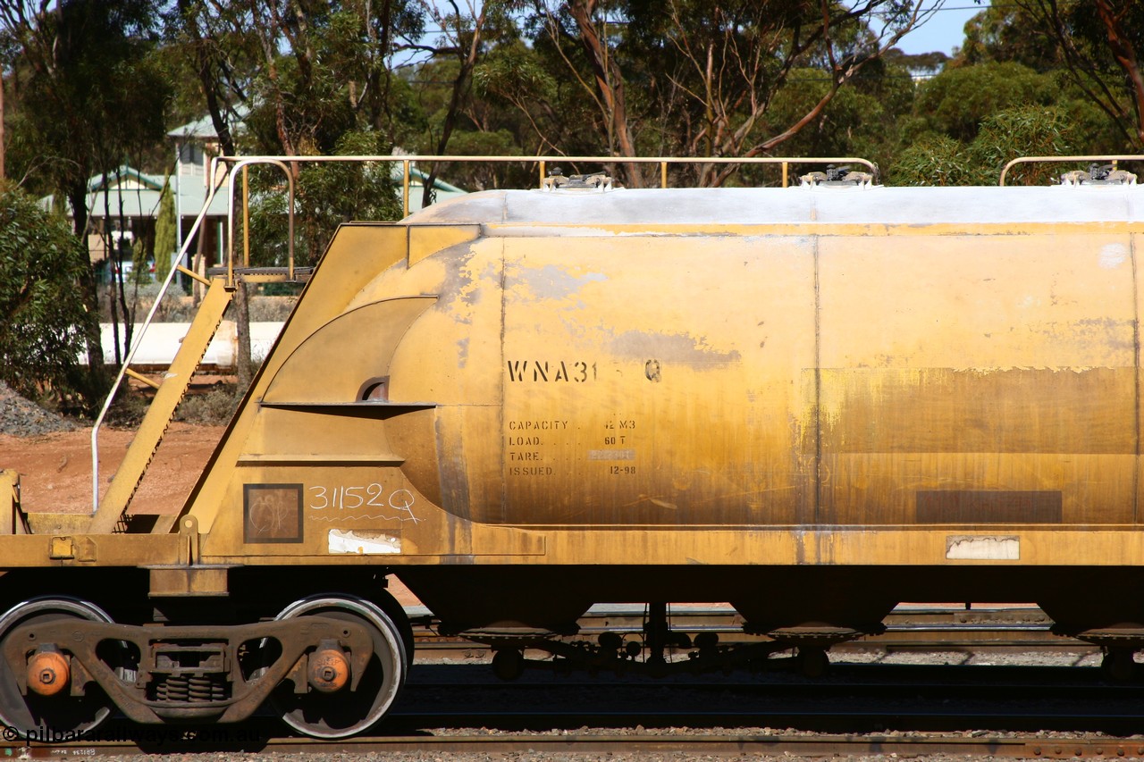 060528 4525
West Kalgoorlie, WNA 31152, one of twelve built by WAGR Midland Workshops in 1974 as WNA type pneumatic discharge nickel concentrate waggon, WAGR built and owned copies of the AE Goodwin built WN waggons for WMC. 
Keywords: WNA-type;WNA31152;WAGR-Midland-WS;