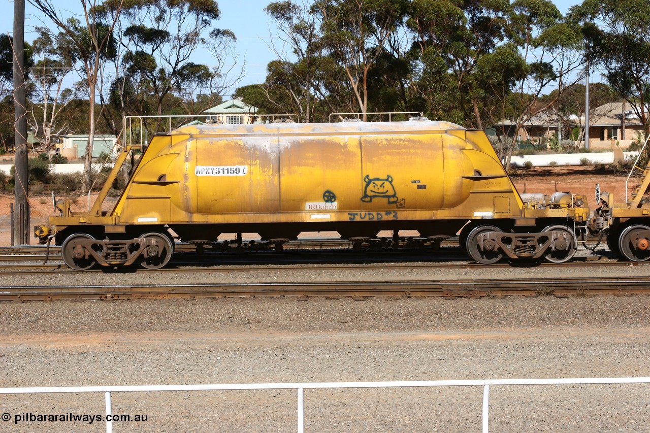 060528 4526
West Kalgoorlie, APNY 31159, one of twelve built by WAGR Midland Workshops in 1974 as WNA type pneumatic discharge nickel concentrate waggon, WAGR built and owned copies of the AE Goodwin built WN waggons for WMC. 
Keywords: APNY-type;APNY31159;WAGR-Midland-WS;WNA-type;