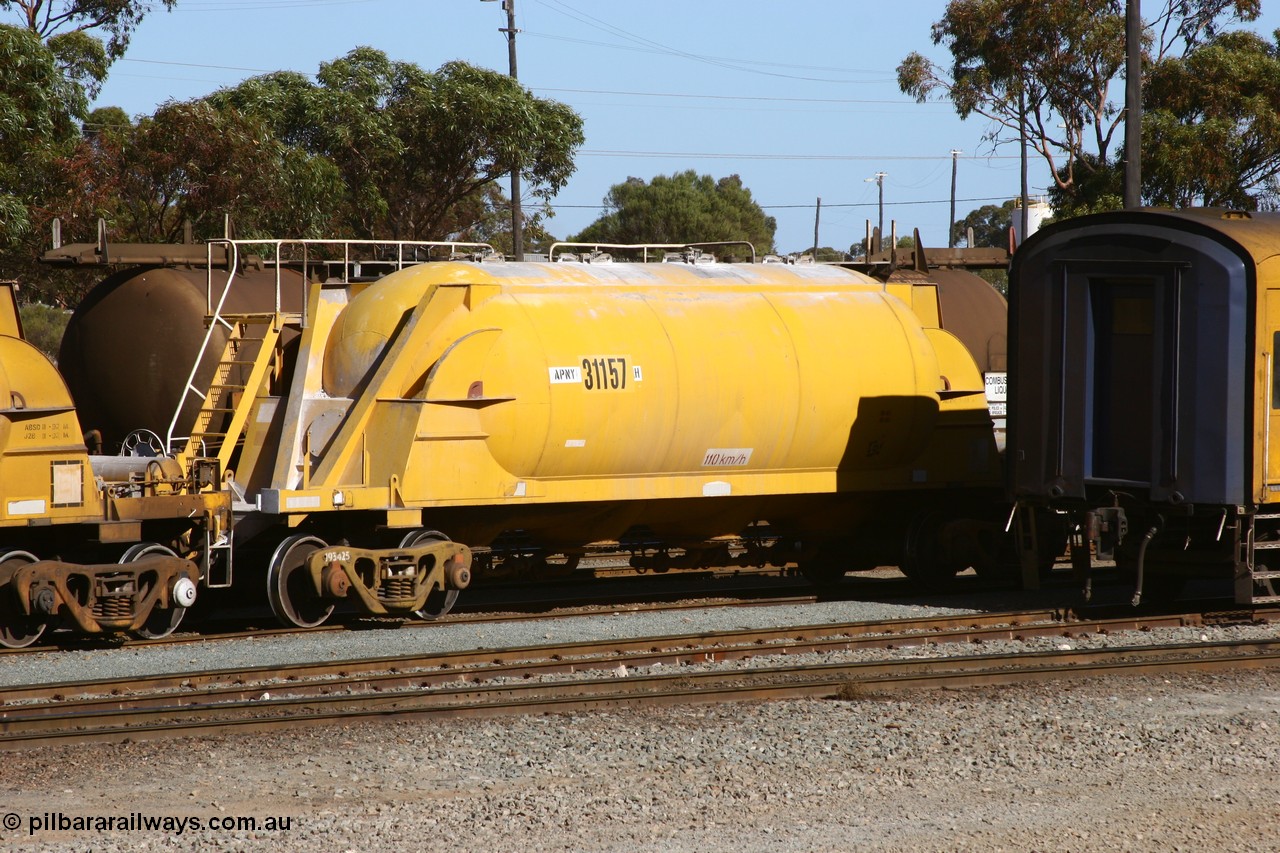 060528 4528
West Kalgoorlie, APNY 31157, one of twelve built by WAGR Midland Workshops in 1974 as WNA type pneumatic discharge nickel concentrate waggon, WAGR built and owned copies of the AE Goodwin built WN waggons for WMC. 
Keywords: APNY-type;APNY31157;WAGR-Midland-WS;WNA-type;