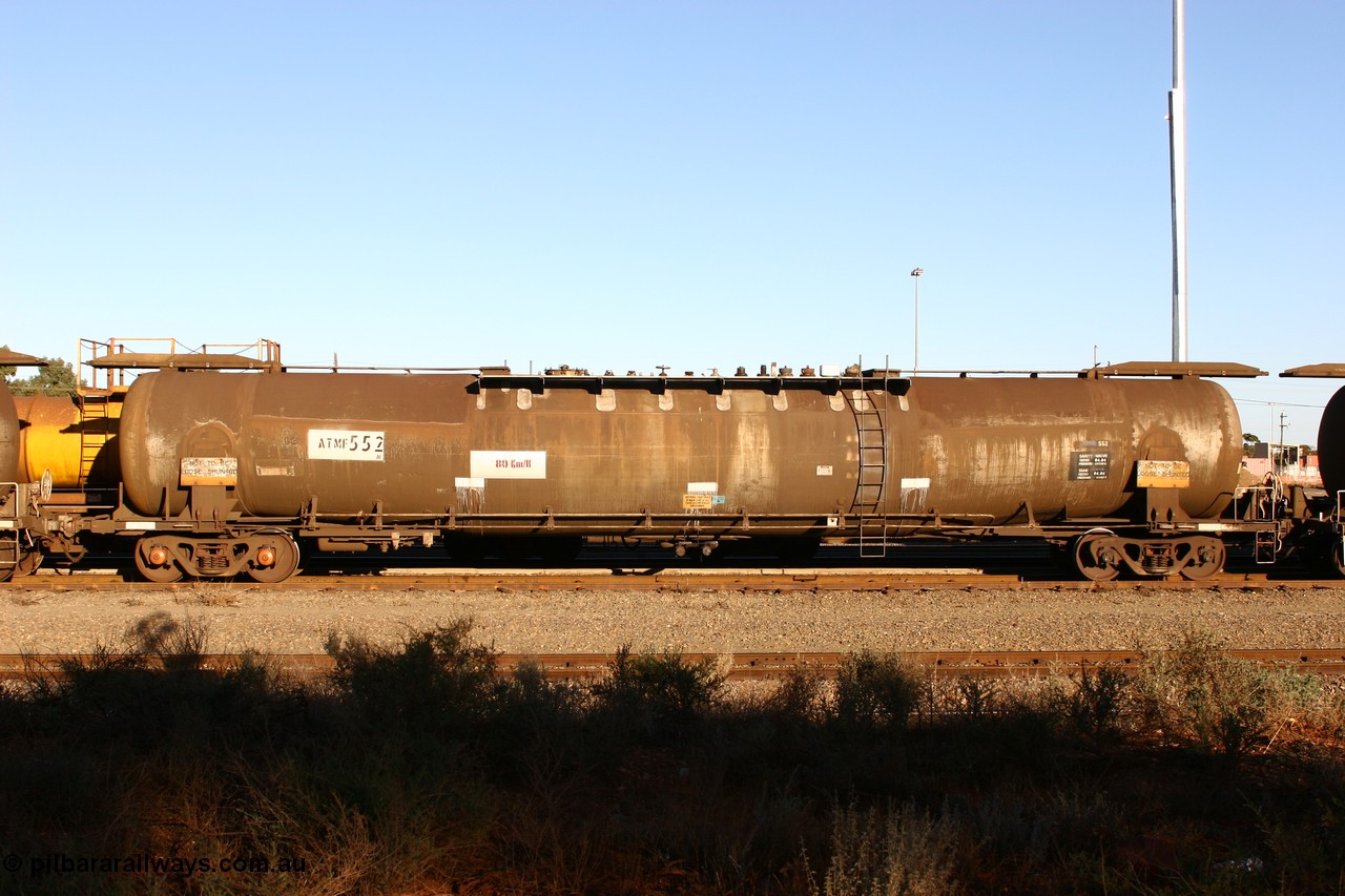 060528 4646 ATMF552N
West Kalgoorlie, ATMF 552 fuel tank waggon, one of three built by Tulloch Limited NSW as WJM type in 1971 with a capacity of 96.25 kL one compartment one dome, current capacity of 80500 litres. 551 and 552 for Shell and 553 for BP Oil.
Keywords: ATMF-type;ATMF552;Tulloch-Ltd-NSW;WJM-type;
