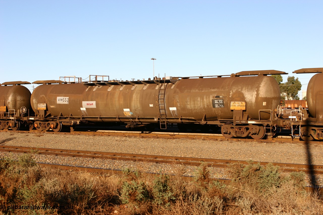 060528 4647
West Kalgoorlie, ATMF 552 fuel tank waggon, one of three built by Tulloch Limited NSW as WJM type in 1971 with a capacity of 96.25 kL one compartment one dome, current capacity of 80,500 litres. 551 and 552 for Shell and 553 for BP Oil.
Keywords: ATMF-type;ATMF552;Tulloch-Ltd-NSW;WJM-type;