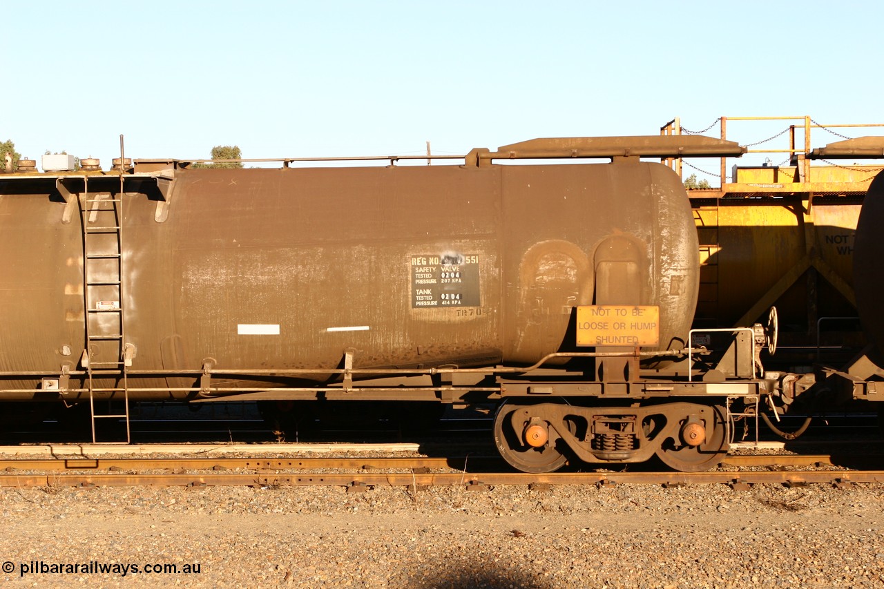 060528 4654
West Kalgoorlie, ATMF 551 fuel tank waggon, one of three built by Tulloch Limited NSW as WJM type in 1971 with a capacity of 96.25 kL one compartment one dome, current capacity of 80500 litres. 551 and 552 for Shell and 553 for BP Oil.
Keywords: ATMF-type;ATMF551;Tulloch-Ltd-NSW;WJM-type;