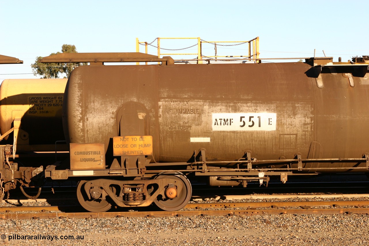 060528 4656
West Kalgoorlie, ATMF 551 fuel tank waggon, one of three built by Tulloch Limited NSW as WJM type in 1971 with a capacity of 96.25 kL one compartment one dome, current capacity of 80500 litres. 551 and 552 for Shell and 553 for BP Oil.
Keywords: ATMF-type;ATMF551;Tulloch-Ltd-NSW;WJM-type;