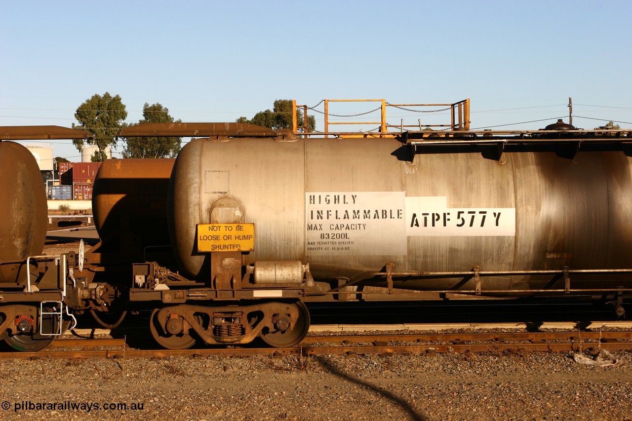 060528 4658
West Kalgoorlie, ATPF 577 fuel tank waggon built by WAGR Midland Workshops 1974 for Shell as type WJP, 80.66 kL one compartment one dome, capacity of 80500 litres, fitted with type F InterLock couplers Shell Fleet no. TR712.
Keywords: ATPF-type;ATPF577;WAGR-Midland-WS;WJP-type;