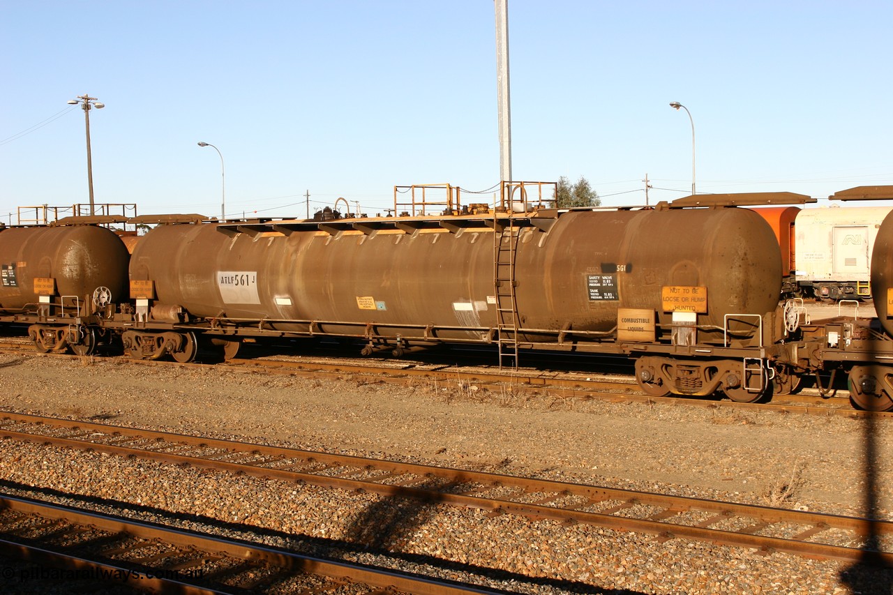 060528 4659
West Kalgoorlie, ATLF 561 fuel tank waggon, built by WAGR Midland Workshops 1973 for Shell as type WJL 86.49 kL one compartment one dome with a capacity of 80500 litres
Keywords: ATLF-type;ATLF561;WAGR-Midland-WS;WJL-type;