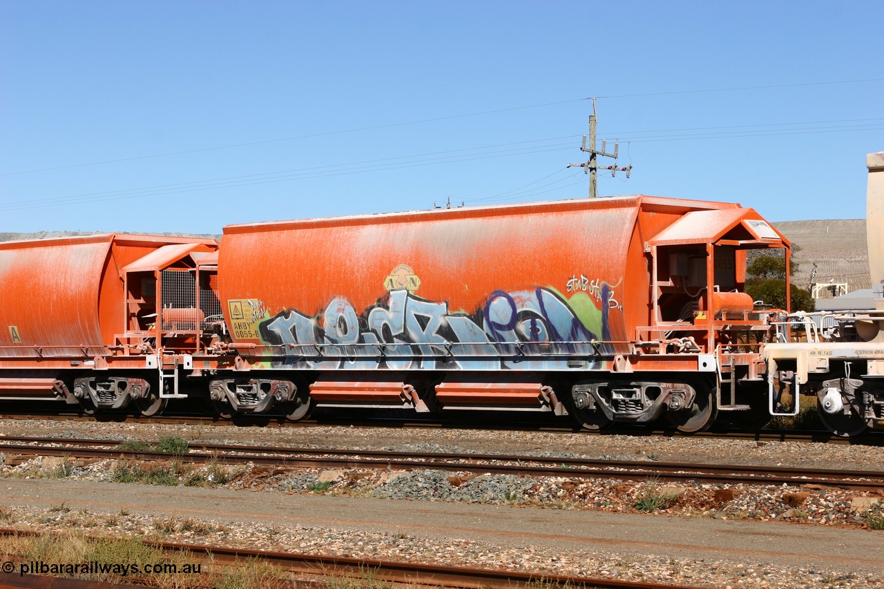 060530 4913
Parkeston, AHBY 0055 one of sixty five AHBY class ballast hoppers built by EDI Rail at their Port Augusta Workshops for ARG in 2001-02 for the Darwin line, also the FMG construction in 2008, here in limestone quarry products service.
Keywords: AHBY-type;AHBY0055;EDI-Rail-Port-Augusta-WS;