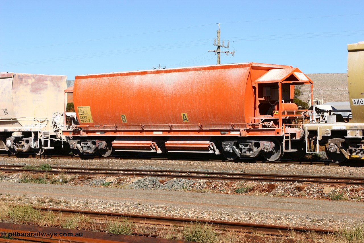 060530 4915
Parkeston, AHBY 0035 one of sixty five AHBY class ballast hoppers built by EDI Rail at their Port Augusta Workshops for ARG in 2001-02 for the Darwin line, also the FMG construction in 2008, here in limestone quarry products service.
Keywords: AHBY-type;AHBY0035;EDI-Rail-Port-Augusta-WS;