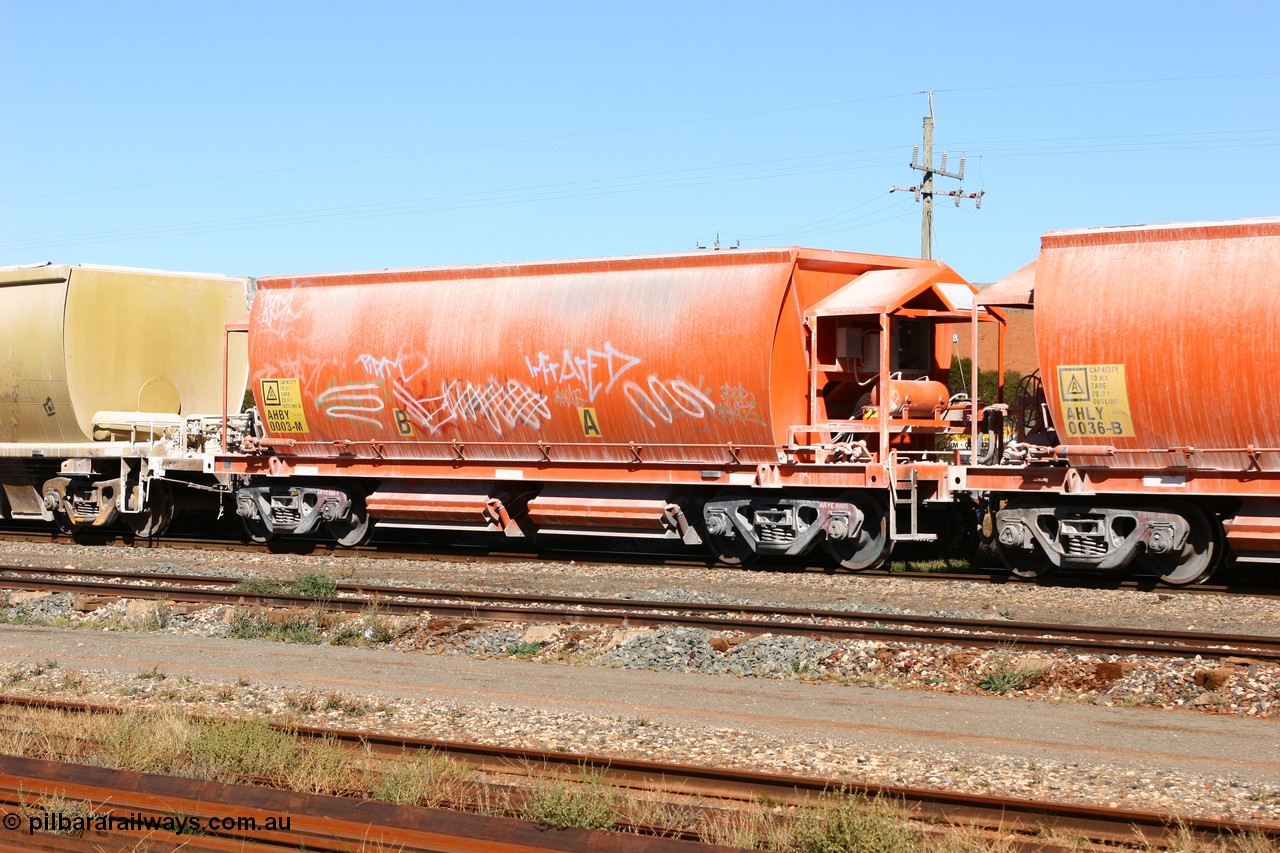 060530 4917
Parkeston, AHBY 0003 one of sixty five AHBY class ballast hoppers built by EDI Rail at their Port Augusta Workshops for ARG in 2001-02 for the Darwin line, also the FMG construction in 2008, here in limestone quarry products service.
Keywords: AHBY-type;AHBY0003;EDI-Rail-Port-Augusta-WS;