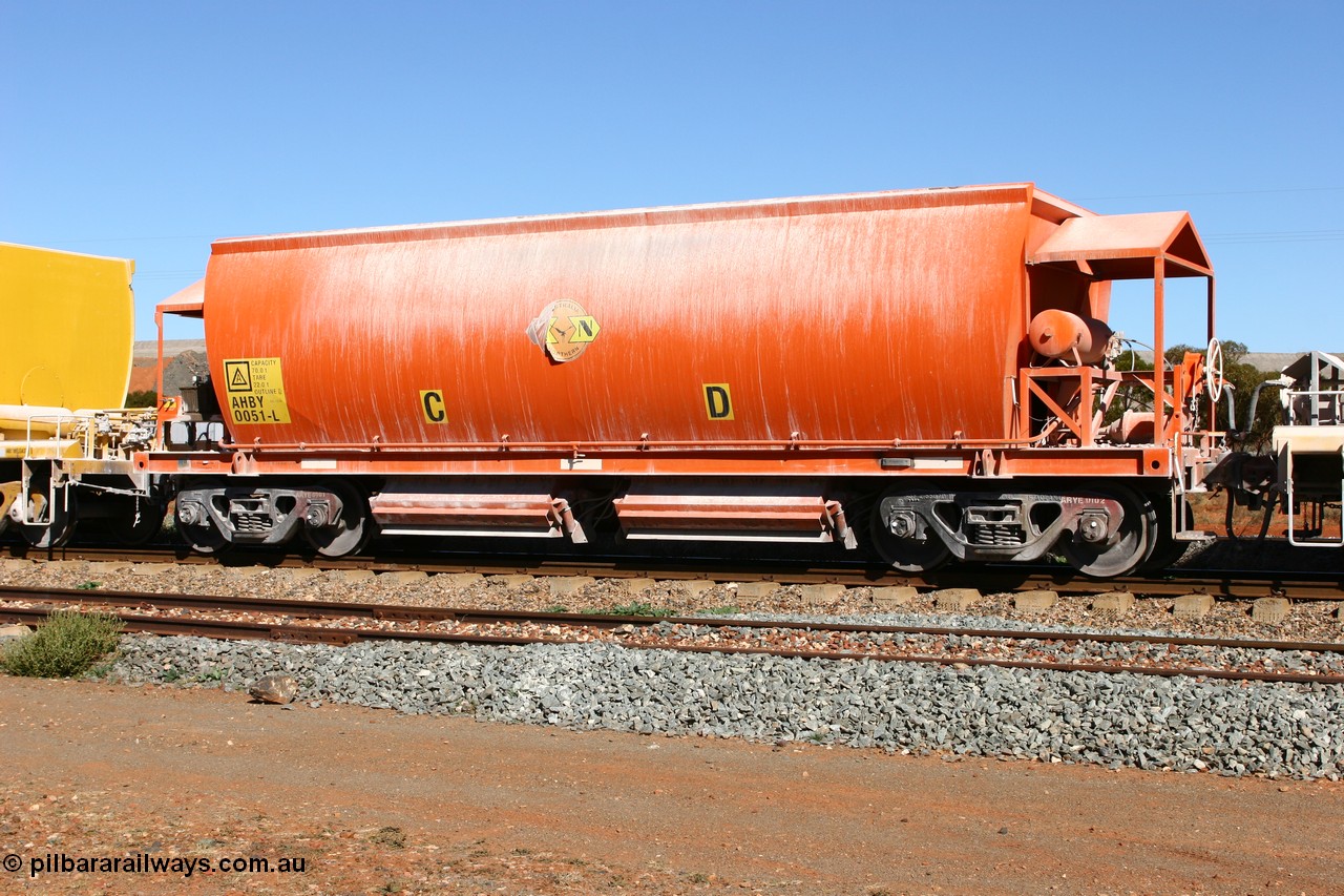 060530 4933
Parkeston, AHBY 0051 one of sixty five AHBY class ballast hoppers built by EDI Rail at their Port Augusta Workshops for ARG in 2001-02 for the Darwin line, also the FMG construction in 2008, here in limestone quarry products service.
Keywords: AHBY-type;AHBY0051;EDI-Rail-Port-Augusta-WS;