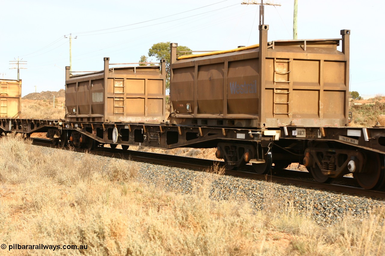 060531 4981
West Kalgoorlie, AQCY with two Westrail COR type roll top containers usually carting sulphur on this Murrin Murrin or Malcolm freighter service.
Keywords: AQCY-type;WAGR-Midland-WS;WFX-type;
