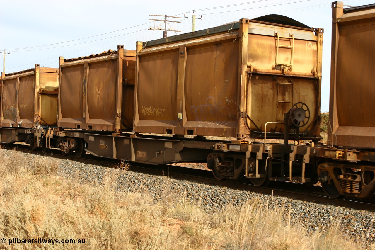 060531 4984
West Kalgoorlie, AQNY 32207 one of sixty two waggons built by Goninan WA in 1998 as WQN class for Murrin Murrin container traffic, with sulphur skips S93 and S58 with original door and two types of tarpaulins.
Keywords: AQNY-type;AQNY32207;Goninan-WA;WQN-type;