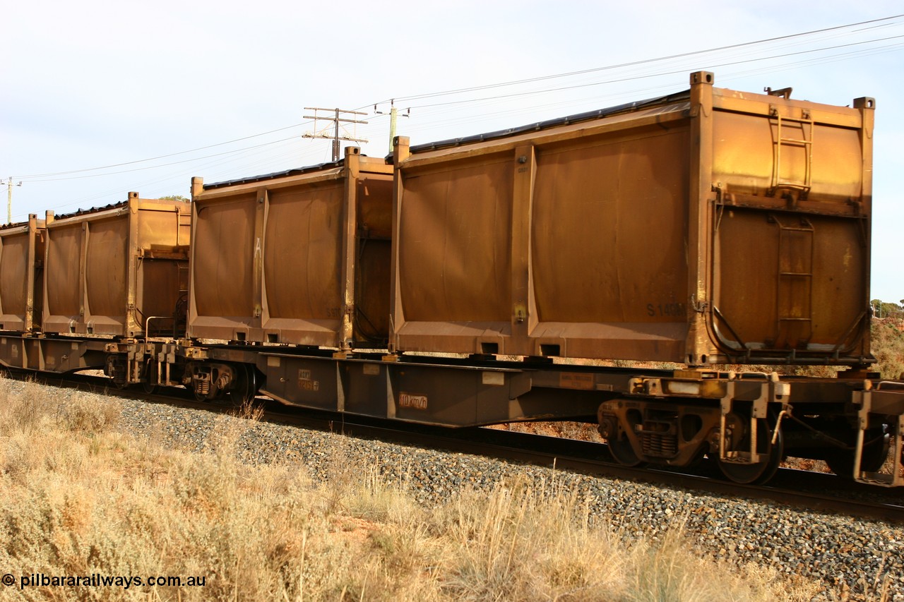 060531 4989
West Kalgoorlie, AQNY 32157 one of sixty two waggons built by Goninan WA in 1998 as WQN class for Murrin Murrin container traffic, with sulphur skips S140 and S97 with original door and sliding tarpaulins.
Keywords: AQNY-type;AQNY32157;Goninan-WA;WQN-type;