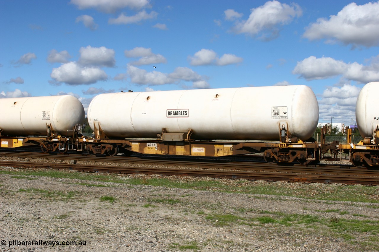060602 5167
Midland, AZKY type anhydrous ammonia tank waggon AZKY 32240, one of twelve built by Goninan WA in 1998 as type WQK for Murrin Murrin traffic, fitted with Brambles anhydrous ammonia tank A2T.
Keywords: AZKY-type;AZKY32240;Goninan-WA;WQK-type;