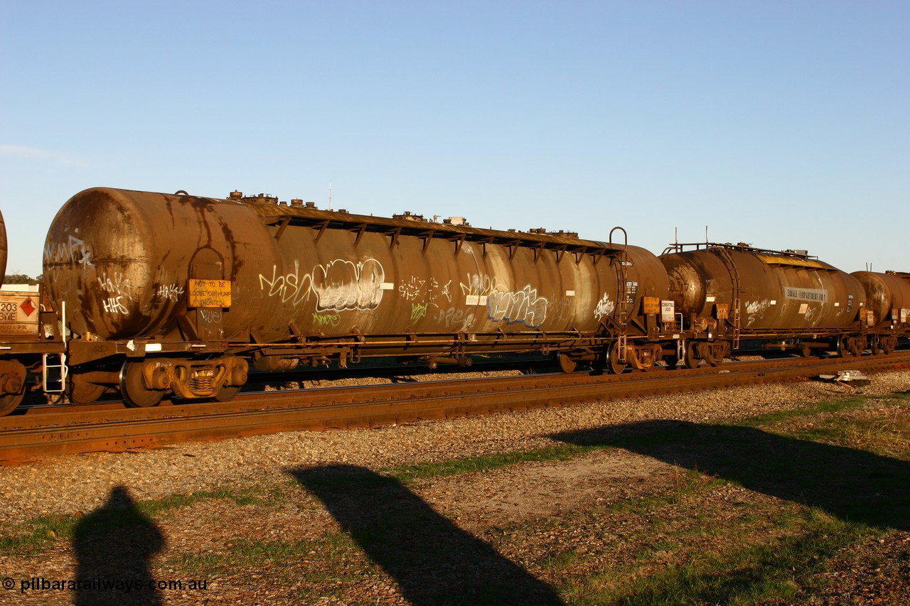 060603 5264 ATKY541U
Midland, ATKY 541 fuel tank waggon originally built for H C Sleigh (Golden Fleece) in 1975 by Tulloch Ltd NSW as WJK type. Capacity now of 73000 litres in service with Caltex.
Keywords: ATKY-type;ATKY541;Tulloch-Ltd-NSW;WJK-type;