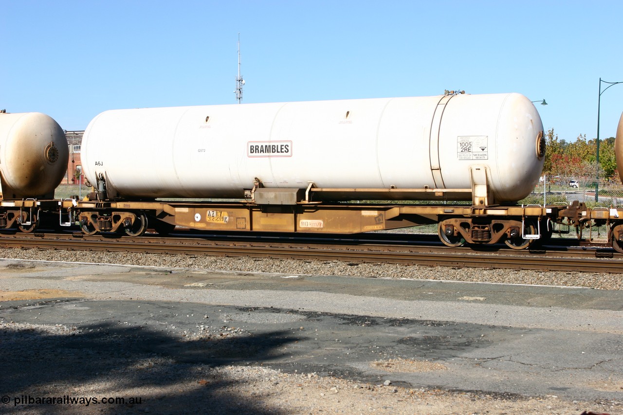 060603 5419
Midland, AZKY type anhydrous ammonia tank waggon AZKY 32239, one of twelve built by Goninan WA in 1998 as class WQK for Murrin Murrin traffic, fitted with Brambles anhydrous ammonia tank A6J.
Keywords: AZKY-type;AZKY32239;Goninan-WA;WQK-type;