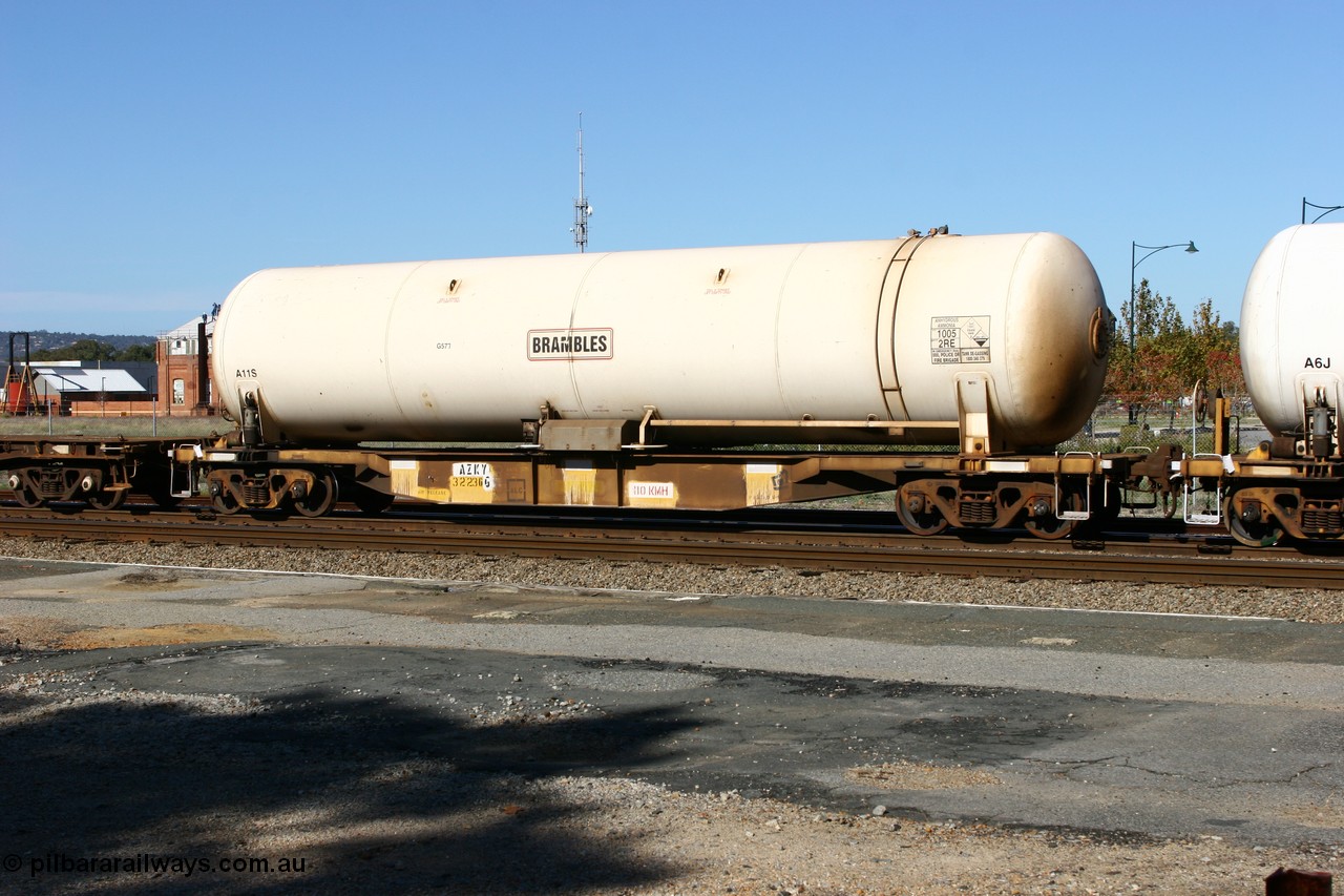 060603 5420
Midland, AZKY type anhydrous ammonia tank waggon AZKY 32236, one of twelve built by Goninan WA in 1998 as class WQK for Murrin Murrin traffic, fitted with Brambles anhydrous ammonia tank A11S.
Keywords: AZKY-type;AZKY32236;Goninan-WA;WQK-type;