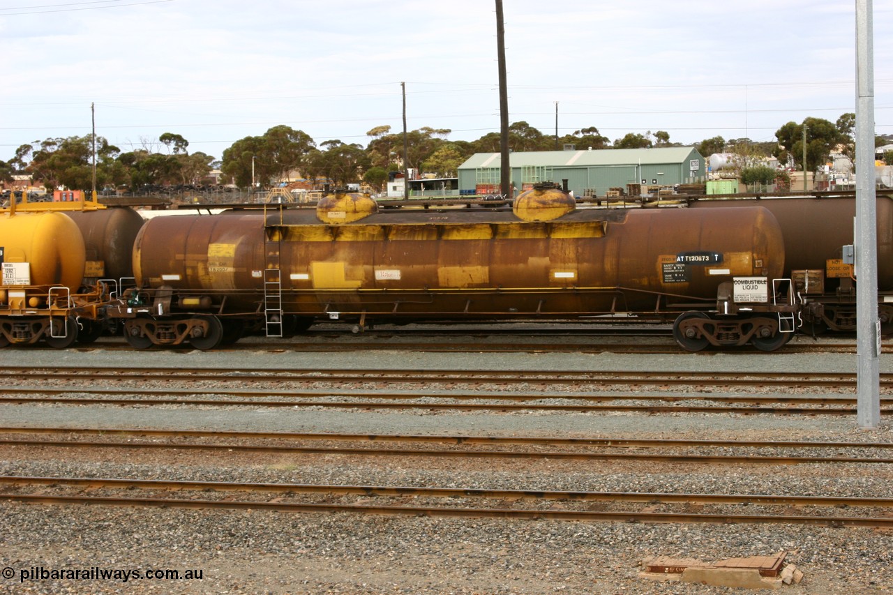 070526 9051
West Kalgoorlie, ATTY 30673 fuel tanker, one of five built by AE Goodwin NSW in 1970 as WST class, recoded to WSTY and then ATTY. 78600 litre capacity.
Keywords: ATTY-type;ATTY30673;AE-Goodwin;WST-type;WSTY-type;