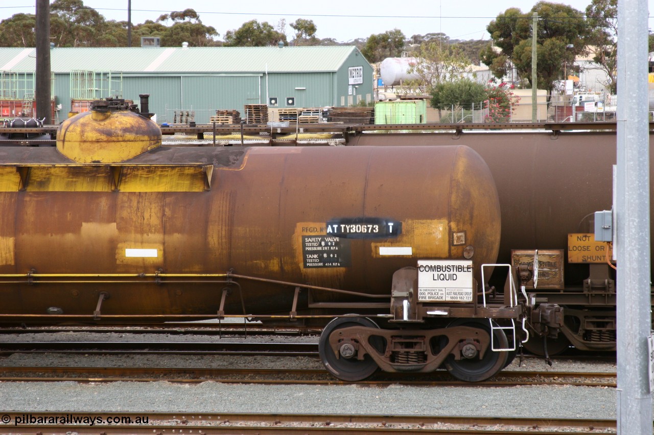 070526 9052
West Kalgoorlie, ATTY 30673 fuel tanker, one of five built by AE Goodwin NSW in 1970 as WST class, recoded to WSTY and then ATTY. 78600 litre capacity.
Keywords: ATTY-type;ATTY30673;AE-Goodwin;WST-type;WSTY-type;