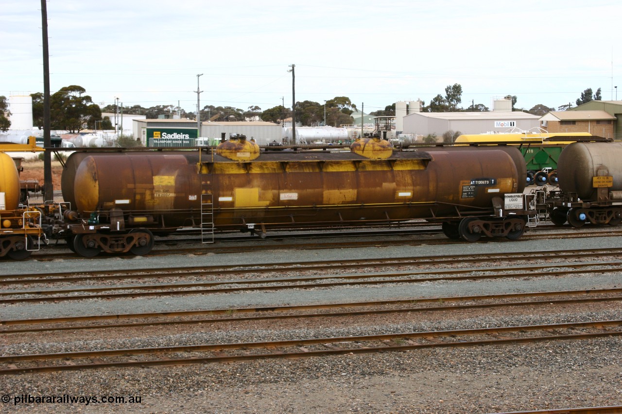 070526 9055
West Kalgoorlie, ATTY 30673 fuel tanker, one of five built by AE Goodwin NSW in 1970 as WST class, recoded to WSTY and then ATTY. 78600 litre capacity.
Keywords: ATTY-type;ATTY30673;AE-Goodwin;WST-type;WSTY-type;