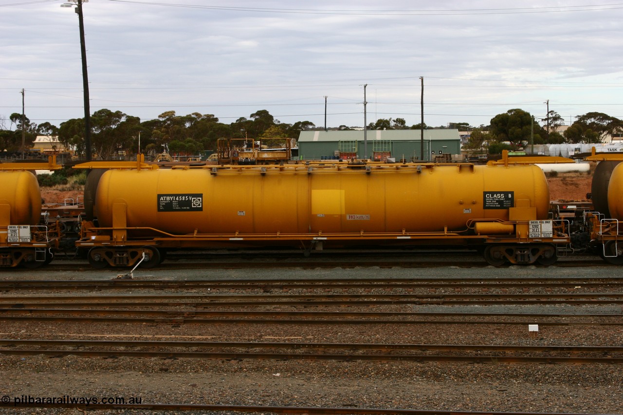 070526 9056
West Kalgoorlie, ATBY 14585 built by Westrail Midland Workshops in 1976 part of a batch of eight JPA type petrol tank waggons, recoded to JPAA in 1985, then WJPA when converted to SG.
Keywords: ATBY-type;ATBY14585;Westrail-Midland-WS;JPA-type;JPAA-type;WJPA-type;