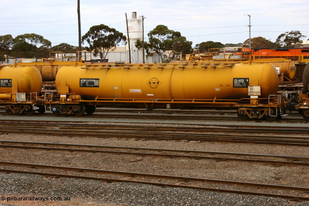 070526 9066
West Kalgoorlie, ATBY 14590 fuel tank waggon built by Westrail Midland Workshops in a batch of nine in 1981-82 for Bain Leasing Pty Ltd as type JPB, 82,000 litres for narrow gauge, recoded to JPBA in 1986, converted to standard gauge as WJPB.
Keywords: ATBY-type;ATBY14590;Westrail-Midland-WS;JPB-type;JPBA-type;WJPB-type;