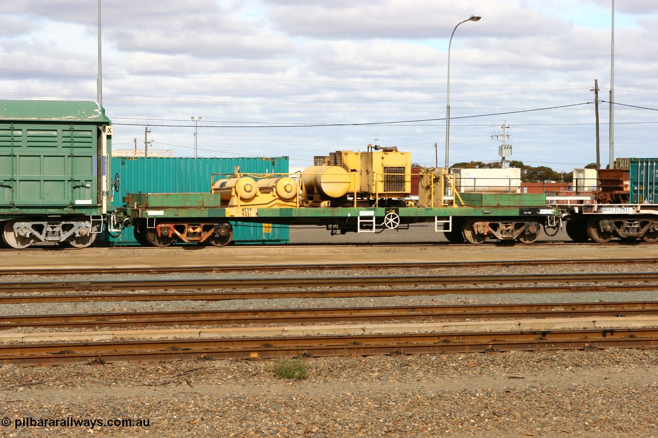 070527 9219
West Kalgoorlie, AZYF 933 is a CCE compressor waggon, originally built by Metropolitan Cammell Britain as GB class in 1952-55 for Commonwealth Railways, converted to RGB type waggon, then re-coded to AOEF, then AOEY then finally AZYF.
Keywords: AZYF-type;AZYF933;Metropolitan-Cammell-Britain;GB-type;RGB-type;AOEF-type;AOEY-type;