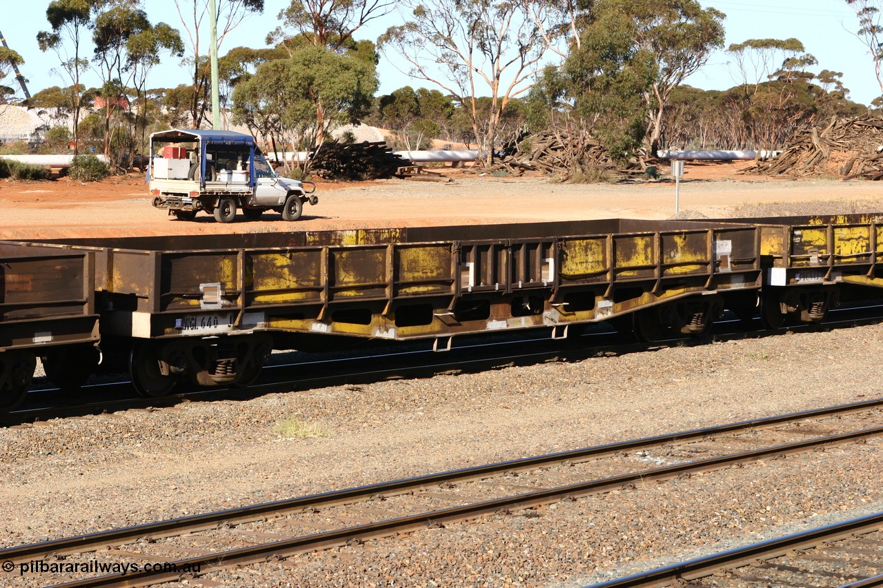070529 9331
West Kalgoorlie, WGL 640 originally one of ten units built by Westrail Midland Workshops in 1975-76 as WFN type bogie flat waggon for Western Mining Corporation for nickel matte kibble traffic as WFN 609 and converted to WGL for bagged nickel matte in 1984.
Keywords: WGL-type;WGL640;Westrail-Midland-WS;WFN-type;WFN609;