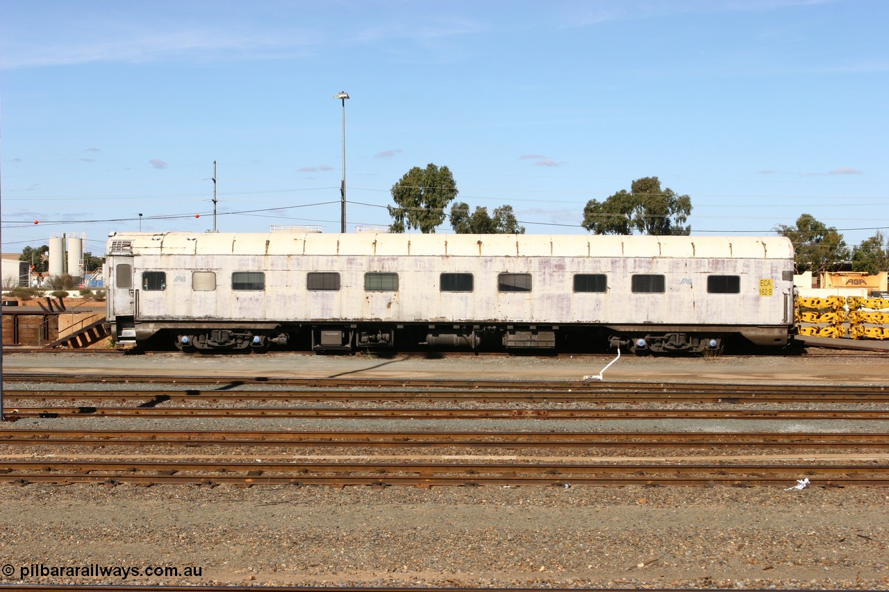 070529 9395
West Kalgoorlie, ECA 162 built by Comeng NSW in 1964 for Commonwealth Railways as a BRE type second class, air conditioned, twin berth staggered corridor steel sleeping car. Converted to ECA type crew car in 1991.
Keywords: ECA-class;ECA162;Comeng-NSW;BRE-class;