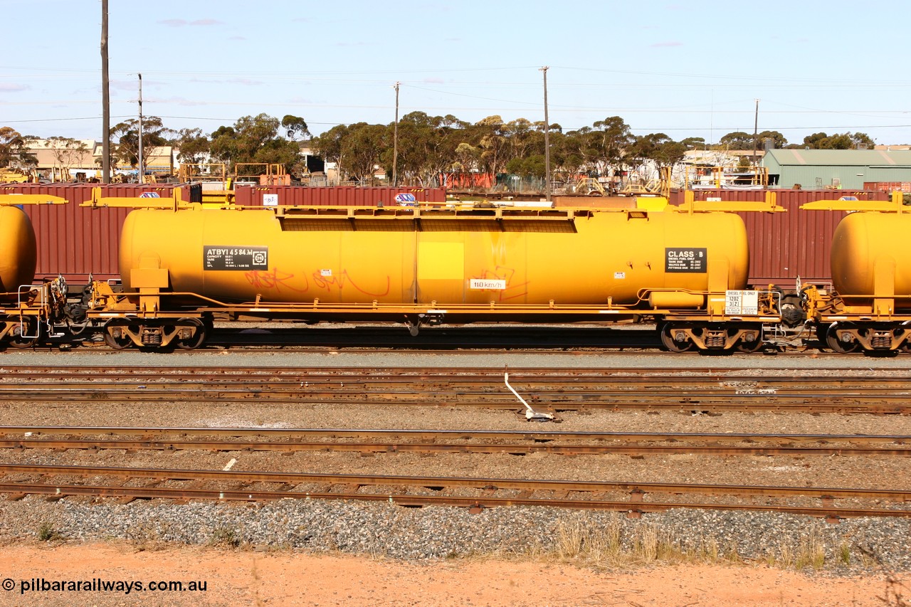 070529 9407
West Kalgoorlie, ATBY 14584 built by Westrail Midland Workshops in 1976 part of a batch of eight for petrol transport, recoded to JPAA in 1985, then WJPA when converted to SG.
Keywords: ATBY-type;ATBY14584;Westrail-Midland-WS;JPA-type;JPAA-type;WJPA-type;