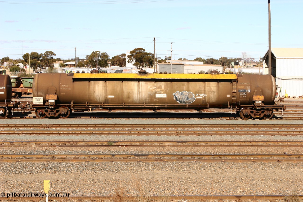 070529 9417
West Kalgoorlie, ATKY 516 fuel tank waggon built by Tulloch Ltd NSW in 1971 along with sister 515 for BP Oil as WJK type 93,000 litres three compartment and three domes, recoded to WJKY.
Keywords: ATKY-type;ATKY516;Tulloch-Ltd-NSW;WJK-type;WJKY-type;