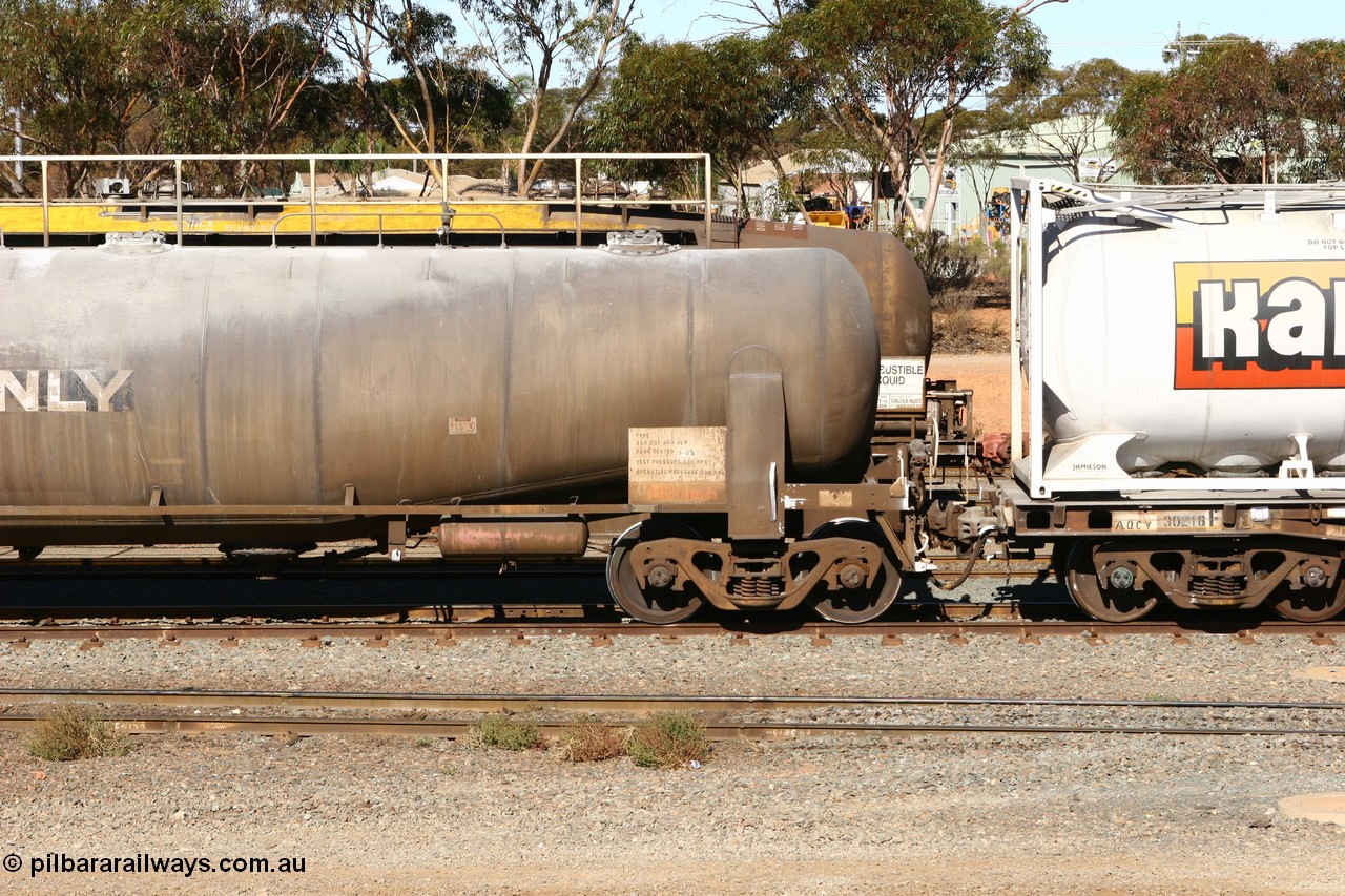 070531 9714
West Kalgoorlie, APKY 30641, leader of two waggons built by WAGR Midland Workshops in 1970 as WK type pneumatic discharge bulk cement waggon, handbrake end.
Keywords: APKY-type;APKY30641;WAGR-Midland-WS;WK-type;